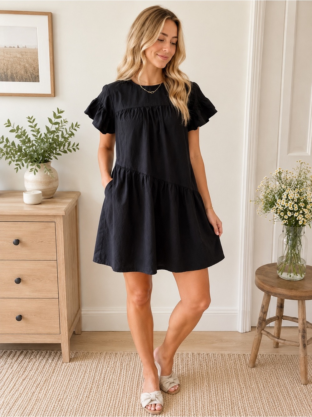 Who What Wear Black Ruffle Sleeve Mini Dress